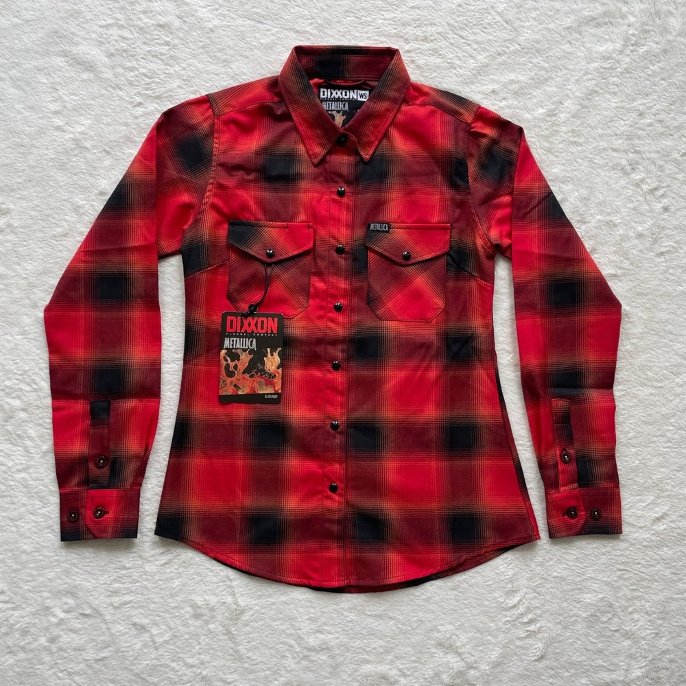 NWT Dixxon Flannel Metallica Load Red Black Plaid Snap Button Shirt Womens Small